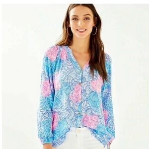 Lilly button front Elsa top in Blue Haven Raising Shell